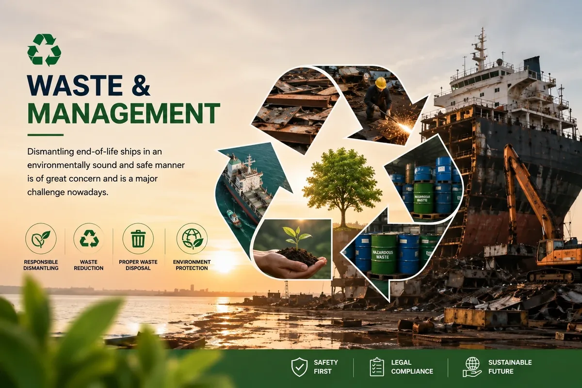 Waste Management: the recycling loop over a ship under dismantling — scrap steel cutting, segregated hazardous waste drums and replanted ground